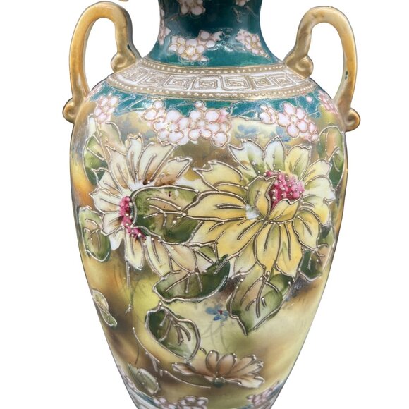 Nippon Rare Antique Hand Painted Floral Two Handed Vase Ruffled Rim 3D Bloomcore - Picture 10 of 15
